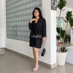 Willa Dress Gaun Pita Lengan Panjang Wanita Crinkle Airflow Anti Lecek Korean Style Terbaru Kekinian Ootd by Clashe
