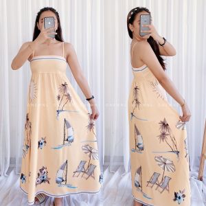 DNEMNLPH Azaleia Fun Print Shirred Back Cami BKK Dress - Trendy Maxi Long Taslan SquareNeck Sleeveless Vintage FreeSize