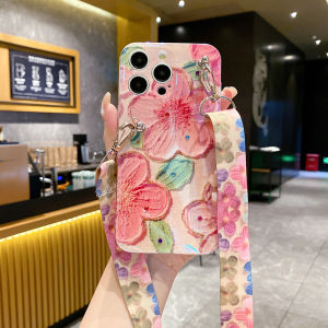 For iPhone 17 Pro MaxTrendy Painting Flower Floral Falowers Soft Casing Silicone Back Cover Wristband Kickstand Crossbody Strap Lanyard Ribbon iPhone 17 Pro Case