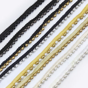 2Yards Gold Pearl Beaded Lace Trim Border Wedding Applique Ribbon Fabric Sewing Craft