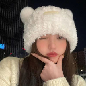 Mũ len tai gấu nhỏ dễ thương cho nữ mùa thu đông mũ len mềm mại mũ len trùm đầu. NT