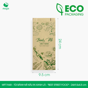 MFT1N4X - 24x9.5x4.5 cm - 500 Túi bánh mì Nâu in sẵn họa tiết BEST STREET FOOD - Bao bánh mì Túi giấy thực phẩm an toàn
