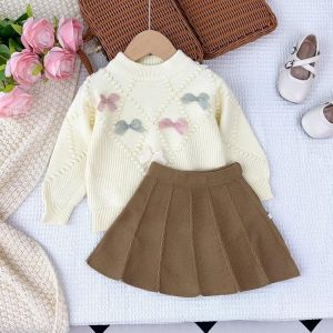 Bear Leader 3-7 Years Kids Clothing Outfits Winter Cute Bow Tie Knit Sets Round Neck Long Sleeved Sweater + A-line Skirt Suit Korean 2 Pieces Suits Girls Clothes