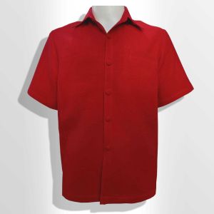 เสื้อซาฟารีชาย ปกเชิ้ต อัดกาวทั้งตัว ผ้าไทย ผ้าฝ้าย เยื่อไผ่ ใส่ทำงาน ใส่ทีม สีแดง ชายเชิ้ต