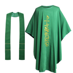 Mens Church Priest Chasuble Robe Collared Vestment Fish Embroidered With Stole Green For Men