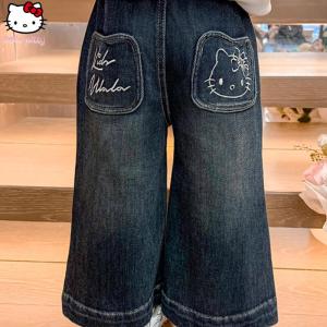 Christmas gifts Halloween Anime Hello Kitty Girls Pants Autumn Kawaii Jeans Sanrio Child New Fashion Straight Leg Pants Soft Embroidered Wide Leg Pants