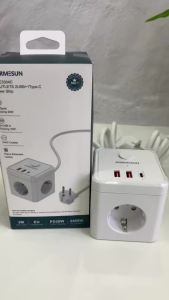 6-in-1 wall-mounted power strip with a 2-meter extension cord featuring 3 AC outlets 2 USB ports and 1 Type-C port supporting PD 20W fast charging with a maximum output of 3680W (16A).
