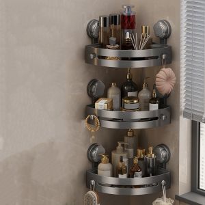 MUQZI Wall Mounted Bathroom Shelf Three-story Suction Cup Storage Organizer Shower Shelf No Drill Corner Shelf Organizer Shower Space