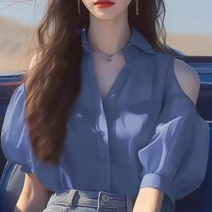 COD  เสื้อเชิ้ตแขนสั้นเปิดไหล่สำหรับผู้หญิงเสื้อชีฟองแบบใหม่ฤดูร้อนที่ไม่เหมือนใครเสื้อสไตล์ฝรั่งเศสสีน้ำเงินเรียบหรู  CNN