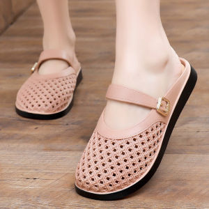 Free Shipping WomenS Summer Slippers For Going Out With Skirts Student Hollow Breathable Flat Plastic Shoes Closed-Toe Half-Slippers