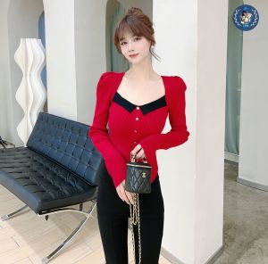 💥[A222] Áo len thun Montoghi dệt kim CỔ VUÔNG XẺ VẠT tay phồng phối nút Quảng Châu sang trọng - L2M