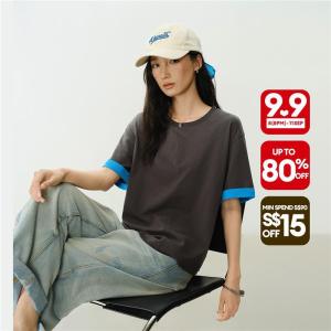 Giordano Women Buttoned crewneck contrast cuff tee Free Shipping 18326821