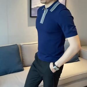 Men Half-Zip Polo Shirt: Slim-Fit Stretch Design Rich Brown  Contrast Collar – Versatile Casual/Office Wear Short-sleeve T-shirt