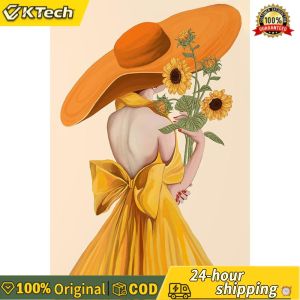 【Free Shipping】 Home Decor Wall Art Canvas Sunflower Girl Cross Stitch DIY Embroidery Kit Bright Yellow Colors for Living Room