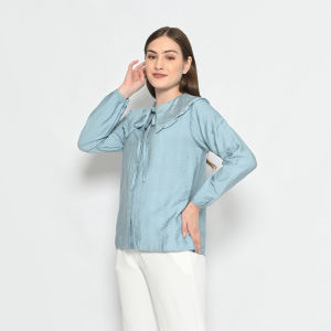 QUEENTIN Kemeja Wanita Tali 0165 Linen Polo Polos Lengan Karet Panjang