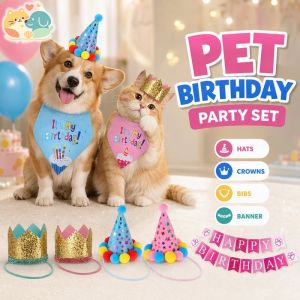 Adjustable Pet Birthday Party Accessories Dog Cat Bandana Hat Crown Banner Soft Cloth Photo Prop Reusable All Season Blue Pink
