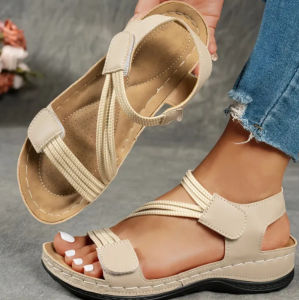 [Free Shipping] New WomenS Plus-Size Sandals With Stitched Detailing Wedge Heel And Velcro Straps