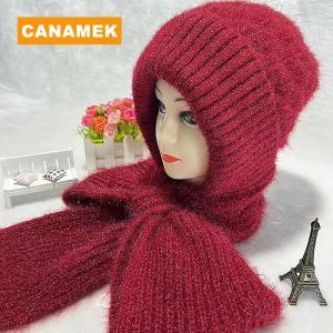 【CANAMEK】 Fashion Winter Women Novelty Hat And Scarf In One Piece Knited Caps Warm Casual Hat Scarf Set Women Caps Warmer Cycling Hat