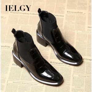 IELGY boots womens square toe bright leather thick heel 6cm high heel british style short boots