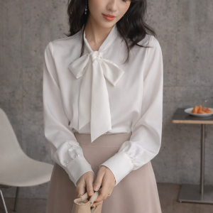 Áo sơ mi nữ tay dài thắt nơ cổ thanh lịch chuẩn style công sở Hàn Quốc - A04