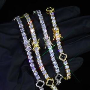 สร้อยคอเทนนิสชุบทองคำขาวสำหรับผู้หญิง NY สีแดง/เขียว/น้ำเงิน/ดำ พร้อมเสน่ห์และโซ่ CZ แบบไอซ์เอาท์ เครื่องประดับฮิปฮอปที่สวยงาม