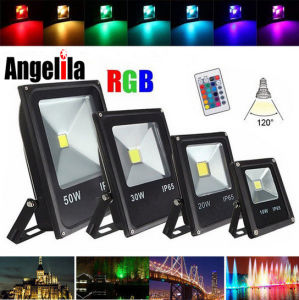 Angelila RGB LED Flood Light Outdoor 10W 20W 30W 50W Color Changing Floodlight 220V with Remote Multicolor 16 Colors Waterproof