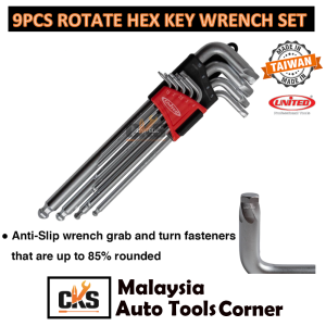9pcs United Rotate Hex Key Wrench Hex Key Loose Removal Pembuka Allenkey Bulat Damage Hex Key Rounded Anti-Slip