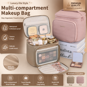 Large Capacity Multi Layer Cosmetic Bag | Makeup Brush Holder Partitioned Portable Travel Toiletry Organizer Storage Pouch
