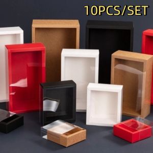 SDFBN 10PCS/SET Reusable Kraft Gift Box Hardcore Clear Window Gift Packaging Box Sliding Cover DIY Mooncake Box Jewelry Packaging