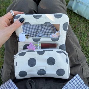 IVAOU Stripe Canvas Polka Dot Cosmetic Bag Portable Large Capacity Small Item Bag Elegant with Makeup Mirror Travel Organizer Bag Woman