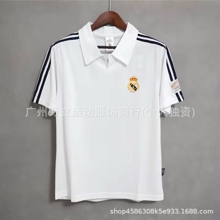 0102 Jersi Rumah Real Madrid, Jersi Kolar Menegak R, Seragam Bola Sepak Klasik Seluar Pendek Lengan Panjang Putih *