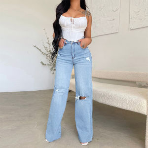 G7 Factory Direct Sale Womens Jeans Long High Waist Ripped Frayed Edge Hot Selling European and American Style Comfortable Wide Leg Pants 7/7