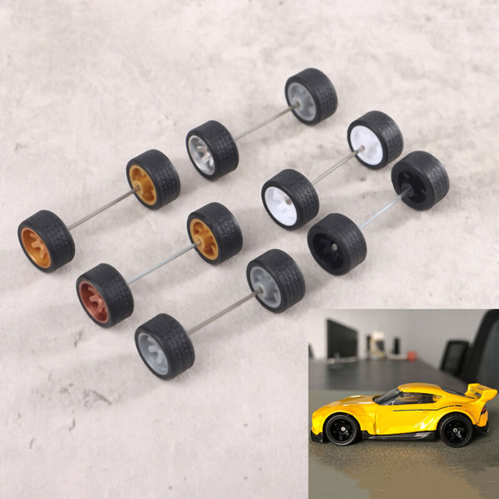 bluesea 1Set 1:64 Car Wheels For Hotwheels Rubber Tire With Wheel Axle Model Car Modified Part DIY Racing Vehicle Toys