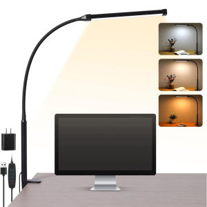 LED Desk Lamp with Clamp Eye-Caring Clip on Lights for Home Office 3 Modes 10 Brightness Long Flexible Goose-Neck Metal Swing Arm Architect Task Table Lamps USB US Adapter