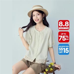 Giordano Women Lace trim striped short sleeve blouse Free Shipping 18346005