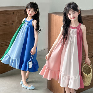 Kids Girls Sweet Color-Block Spliced Neckdress for Summer Costumes Cotton High Quality Childrens Clothes Age 7 8 9 10 12 14Year