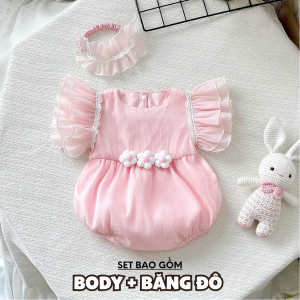 BD252 Bodysuit áo liền quần hồng RIOKIDS quần áo đầy tháng cho bé gái sơ sinh thôi nôi