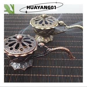 HUAYANG01 [2023 new HOT FASHION] lazlook กระถางธูปโลหะทรงดอกบัวพร้อมที่จับเครื่องหอมสำหรับฝึกสมาธิโยคะของตกแต่งบ้านธูปอัลลอยสไตล์โบราณ