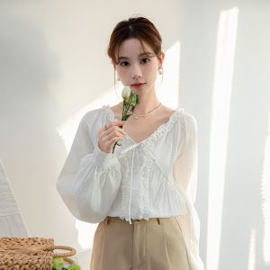 AMMIN 2025 French Chic Lace V-neck Bow Tie Design Long Sleeve Commuter Shirt for Women Autumn New Single-breasted Puff Sleeve Elegant Blouse