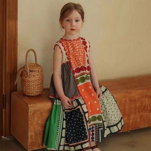 Handbear leader girls dress summer CHILDRENS fashion round neck sleepveless geometric multicolor casual comfortable dress