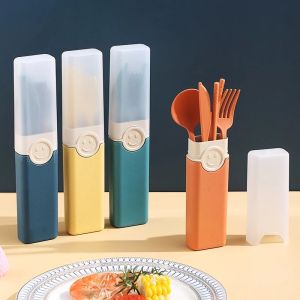 4Pcs/Set Wheat Straw Cutlery Portable Tableware Reusable Knfe Fork Spoon Chopsticks Dinnerware Set With Storage Box Flatware Set