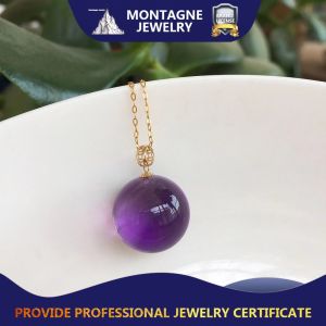 Montagne Jewelry 18K Pure Gold Pendant Elegant Round Design Fine Jewellery Natural Top Grade Brazil Quartz Crystal 16mm Amethyst Pendant Necklace