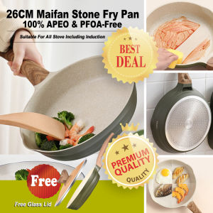 26CM Japanese Style APEO & PFOA-Free Non-Stick Maifan Stone Fry Pan With Bakelite Handle and Lid Suitable For All Stove Including Induction