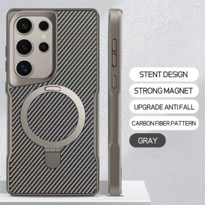 Carbon Fibre Pattern Metal Holder Ring Case For Samsung Galaxy S25 Plus 24 23 S22 Ultra Slim Armor Cover For Magsafe