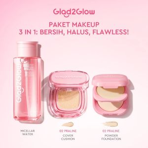 Glad2Glow Set Makeup Lengkap 3in1 Micellar Water  Perfect Blurring Powder Foundation+Cushion