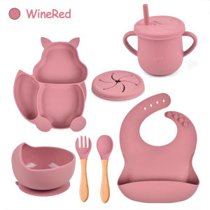 Baby Shine 8PCS Peralatan Makan Anak Bayi Silikon Set Mangkok Piring Sendok Garpu Bib Cup Bayi Set Dengan Kotak Hadiah