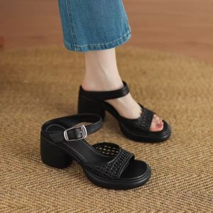 Handmade Woven High-Heel Slide Sandals For Women 2026 Summer New Style Chunky Heel Buckle Hollow Open-Toe Sandals