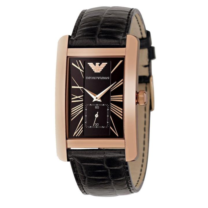 Emporio Armani Mens Square Rose Gold tone Black Dial Leather Watch