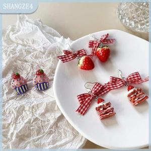 【SHANGZE4】 Ins ngọt ngào Bow Ribbon Acrylic Bánh Dâu Mặt dây chuyền bông tai chất lượng thả Bông tai cho cô gái Phụ Nữ Món quà đáng yêu Đồ trang sức