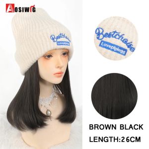 Off White  Hat Wig Beanies Hat With Hair Wigs For Women Synthetic Short Straight Hair Warm Ski Plush Knitted Autumn Winter Cap W2026